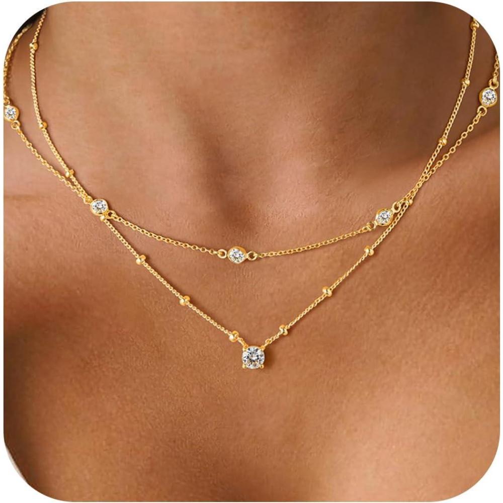 imageYoosteel Layered 14K Gold Plated CZ Pendant Necklace for Women  Dainty Cubic Zirconia Pendants Simple Gold Plated Satellite Chain Choker Necklaces Set Stack Trendys Jewelry GiftsLayered Round CZ