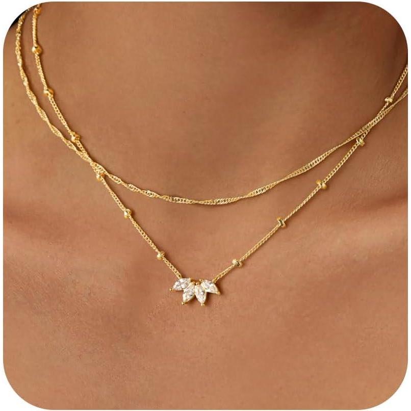 imageYoosteel Layered 14K Gold Plated CZ Pendant Necklace for Women  Dainty Cubic Zirconia Pendants Simple Gold Plated Satellite Chain Choker Necklaces Set Stack Trendys Jewelry GiftsLayered Flower CZ
