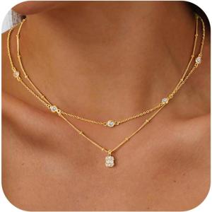 Yoosteel Layered 14K Gold Plated CZ Pendant Necklace for Women – Dainty Cubic Zirconia Pendants Simple Gold Plated Satellite Chain Choker Necklaces Set Stack Trendys Jewelry Gifts(01-Layered Square CZ)