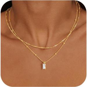 Yoosteel Layered 14K Gold Plated CZ Pendant Necklace for Women – Dainty Cubic Zirconia Pendants Simple Gold Plated Satellite Chain Choker Necklaces Set Stack Trendys Jewelry Gifts(Layered Rectangle CZ)