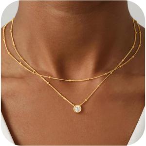 Yoosteel Layered 14K Gold Plated CZ Pendant Necklace for Women – Dainty Cubic Zirconia Pendants Simple Gold Plated Satellite Chain Choker Necklaces Set Stack Trendys Jewelry Gifts(Layered Bezel Round CZ)