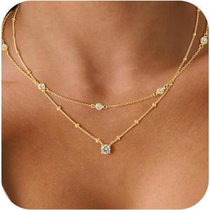Yoosteel Layered 14K Gold Plated CZ Pendant Necklace for Women – Dainty Cubic Zirconia Pendants Simple Gold Plated Satellite Chain Choker Necklaces Set Stack Trendys Jewelry Gifts(Layered Round CZ)