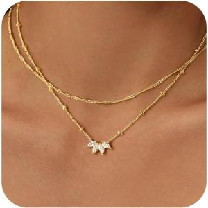 Yoosteel Layered 14K Gold Plated CZ Pendant Necklace for Women – Dainty Cubic Zirconia Pendants Simple Gold Plated Satellite Chain Choker Necklaces Set Stack Trendys Jewelry Gifts(Layered Flower CZ)
