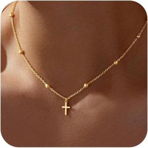 Yoosteel Mothers Day Gifts – Cross Necklace for Women Girls First Communion Baptism Gifts No Tarnish & Hypoallergenic 14K-Gold-Plated Dainty Cross Necklaces Faith Christian Religious Gift Jewelry(02-Beaded Chain Cross)