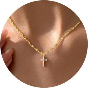 Yoosteel Mothers Day Gifts – Cross Necklace for Women Girls First Communion Baptism Gifts No Tarnish & Hypoallergenic 14K-Gold-Plated Dainty Cross Necklaces Faith Christian Religious Gift Jewelry(CZ Cross-14K Gold Plated)