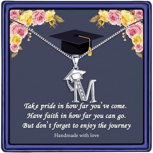 Yoosteel Graduation Gifts for Women Her 2026, Silver Graduation Cap Initial Necklace Jewelry Friendship Gifts for Women Friends Her 2026(M)