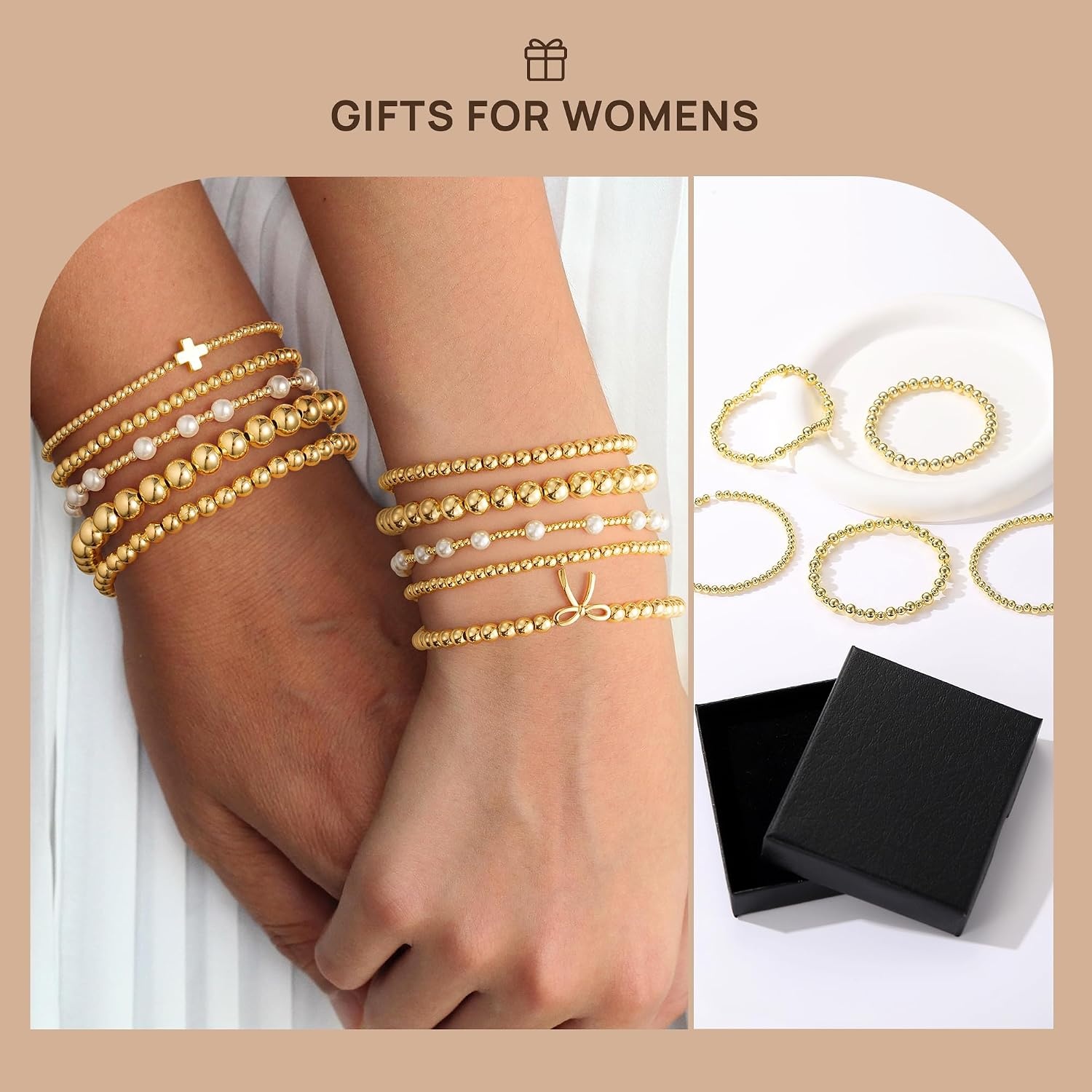 image:imageYoosteel Gold Beaded Bracelets for Women Teen Girls Gold Plated Jewelry Gold Stackable Stretch Bracelets Dainty Round Beaded Pearl Cross Bracelet Stack Women Teenage Girls Birthday Gifts JewelryBow beaded bracelets 5pcs