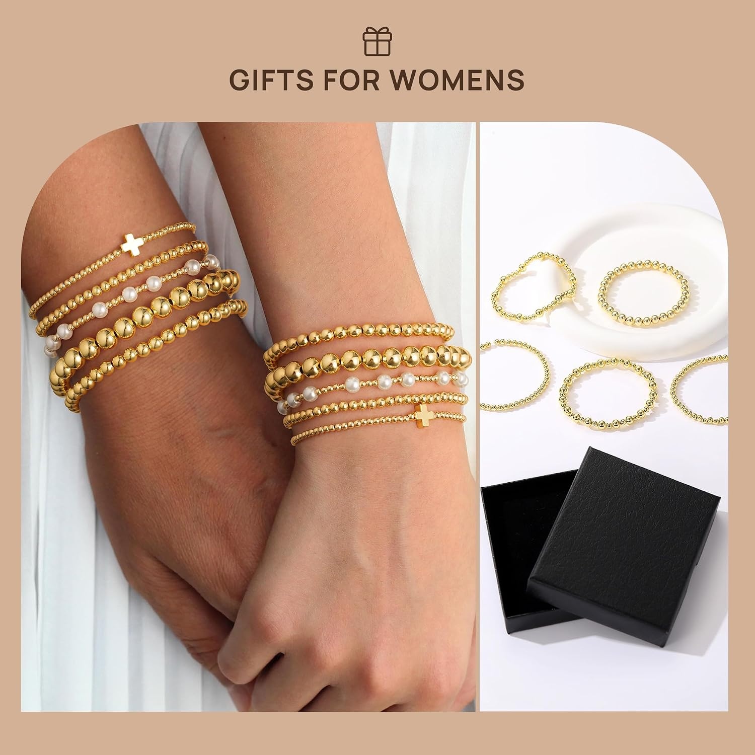 image:imageYoosteel Gold Beaded Bracelets for Women Teen Girls Gold Plated Jewelry Gold Stackable Stretch Bracelets Dainty Round Beaded Pearl Cross Bracelet Stack Women Teenage Girls Birthday Gifts Jewelry Bead Pearl Cross 5pcs
