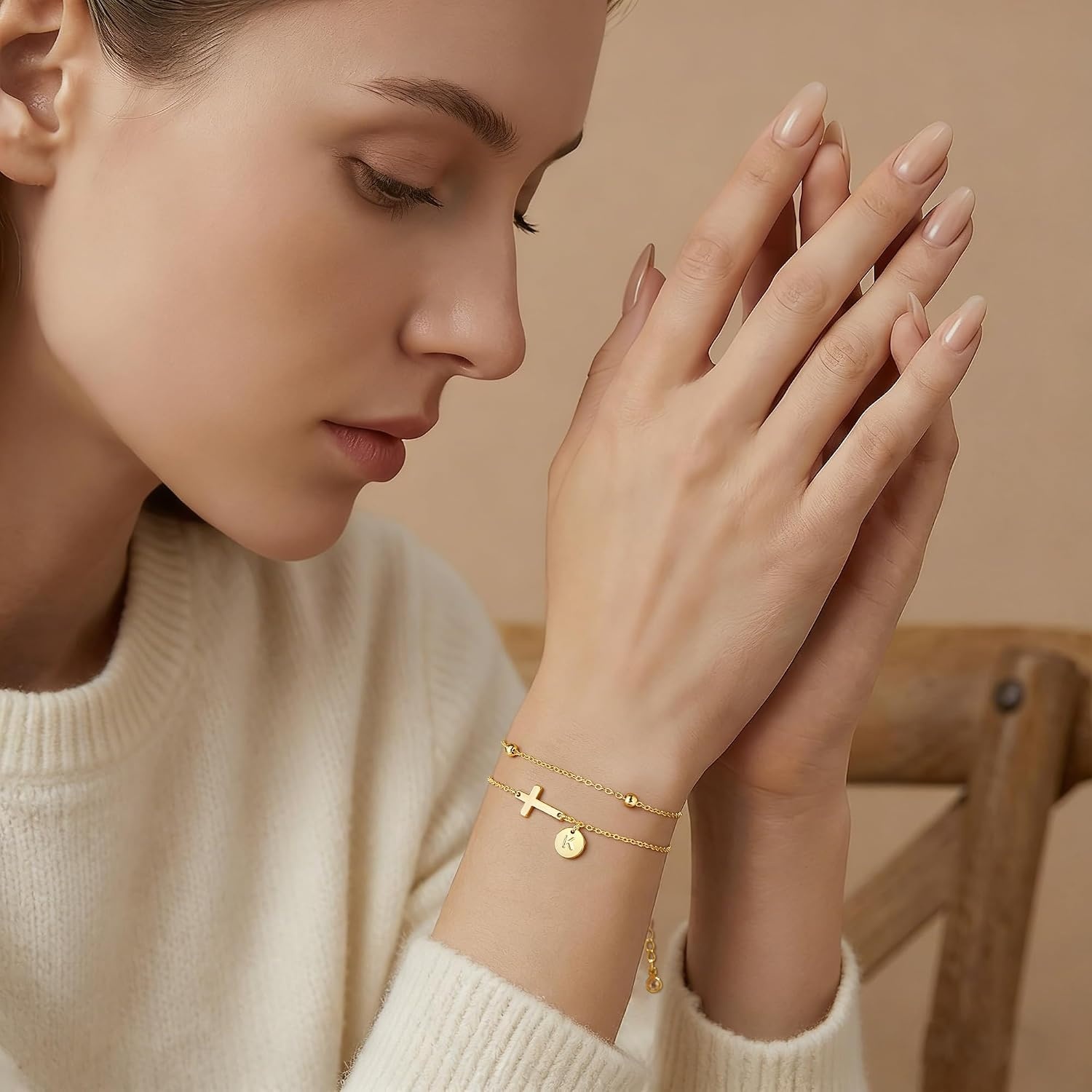 image:imageYoosteel Initial Cross Bracelet for Women Teen Girls Gifts AZ Bracelets 14K GoldPlated Cross Bracelet Layered Disc Letter Bracelet Baptism Christian Gifts for Women Teen Girls Kids JewelryR