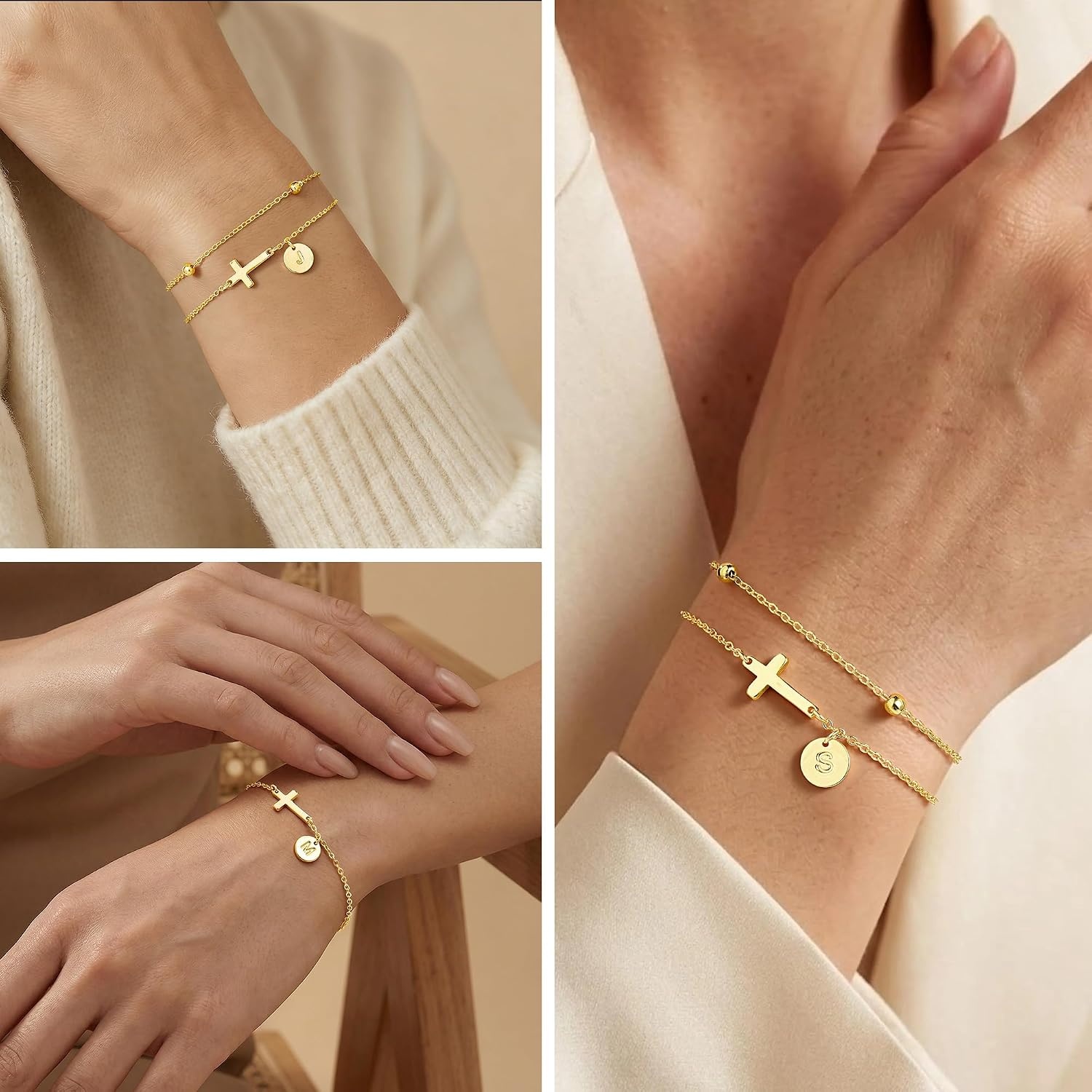 image:imageYoosteel Initial Cross Bracelet for Women Teen Girls Gifts AZ Bracelets 14K GoldPlated Cross Bracelet Layered Disc Letter Bracelet Baptism Christian Gifts for Women Teen Girls Kids JewelryA
