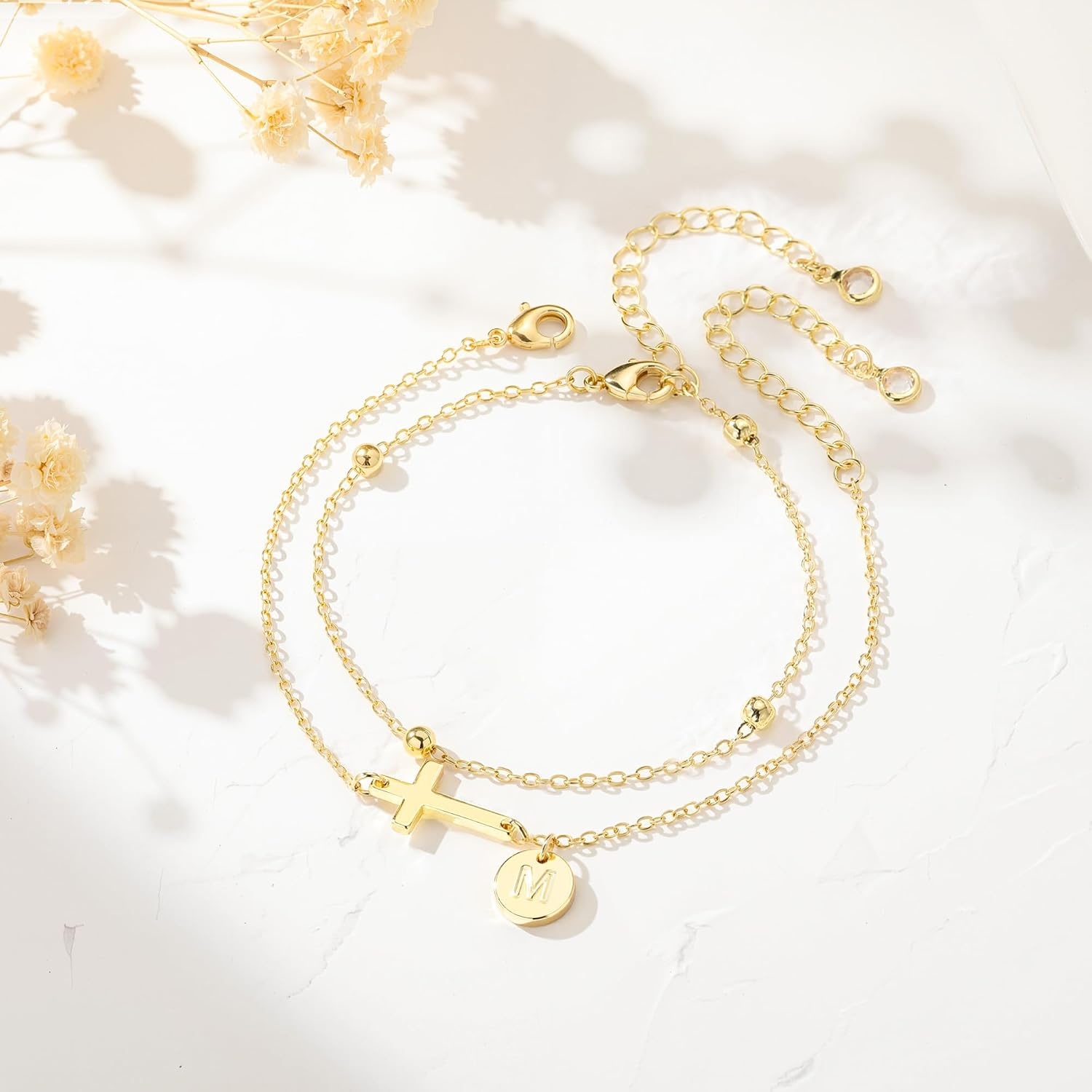 image:imageYoosteel Initial Cross Bracelet for Women Teen Girls Gifts AZ Bracelets 14K GoldPlated Cross Bracelet Layered Disc Letter Bracelet Baptism Christian Gifts for Women Teen Girls Kids JewelryR