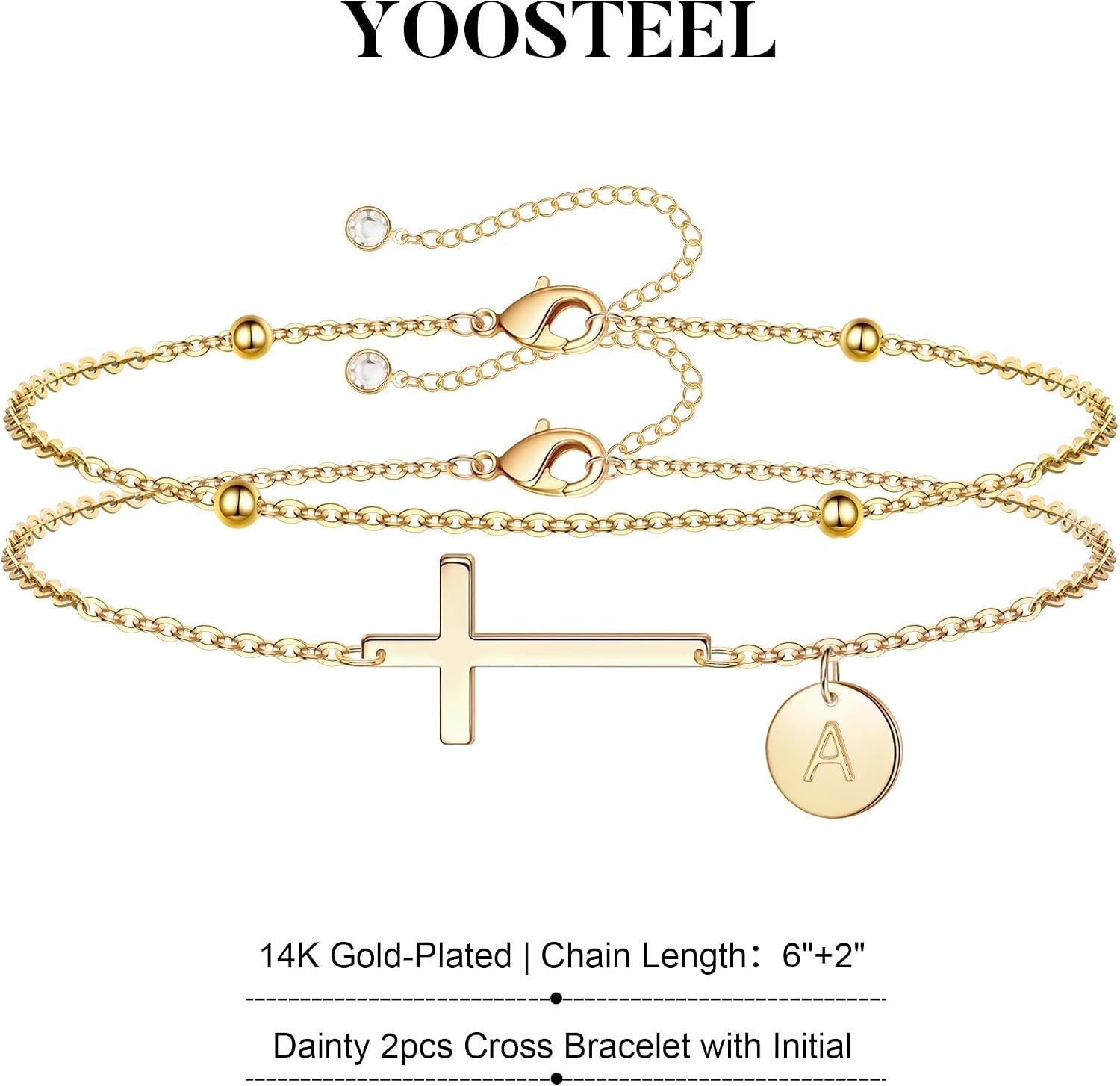 image:imageYoosteel Initial Cross Bracelet for Women Teen Girls Gifts AZ Bracelets 14K GoldPlated Cross Bracelet Layered Disc Letter Bracelet Baptism Christian Gifts for Women Teen Girls Kids JewelryR