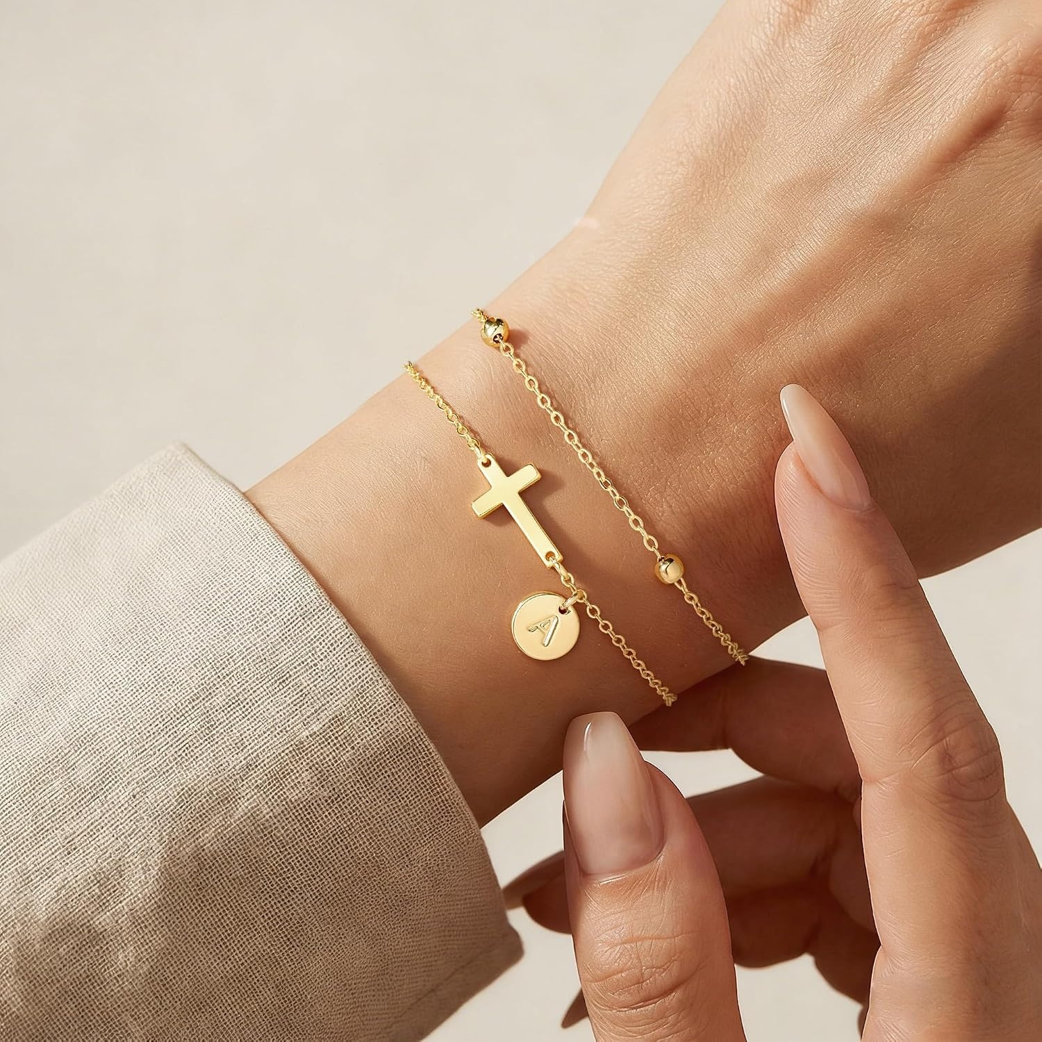 image:imageYoosteel Initial Cross Bracelet for Women Teen Girls Gifts AZ Bracelets 14K GoldPlated Cross Bracelet Layered Disc Letter Bracelet Baptism Christian Gifts for Women Teen Girls Kids JewelryT