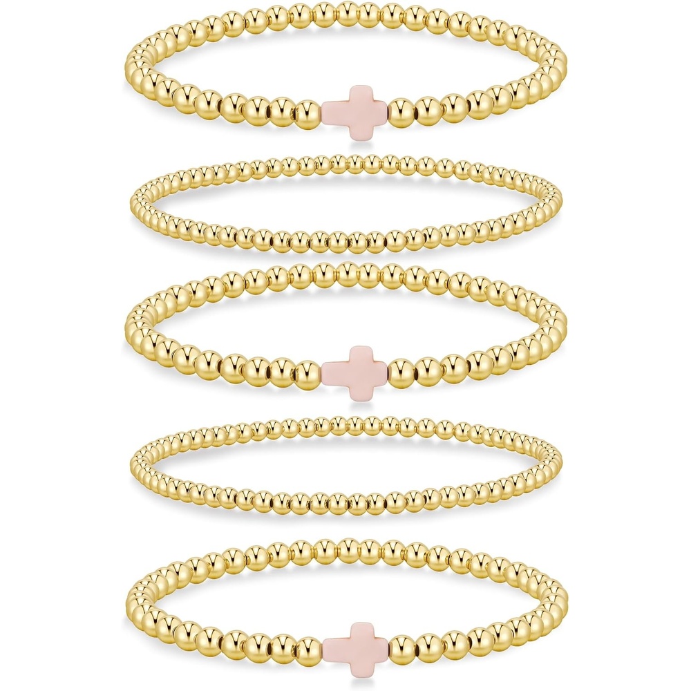 image:imageYoosteel Gold Beaded Bracelets for Women Teen Girls Gold Plated Jewelry Gold Stackable Stretch Bracelets Dainty Round Beaded Pearl Cross Bracelet Stack Women Teenage Girls Birthday Gifts JewelryBead 35mm Cross 5pcs