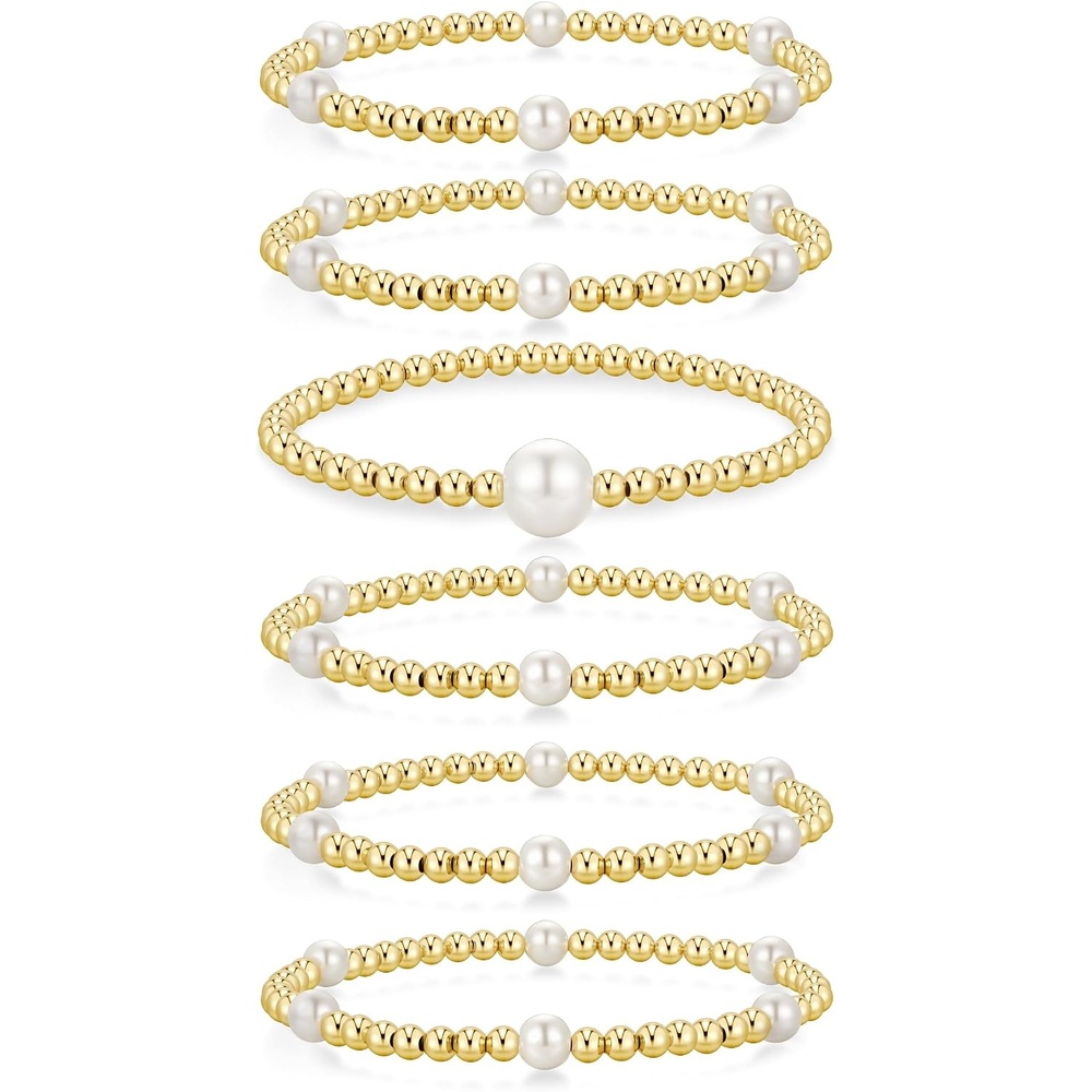 image:imageYoosteel Gold Beaded Bracelets for Women Teen Girls Gold Plated Jewelry Gold Stackable Stretch Bracelets Dainty Round Beaded Pearl Cross Bracelet Stack Women Teenage Girls Birthday Gifts JewelryBead 4mm Pearl 610mm 6pcs