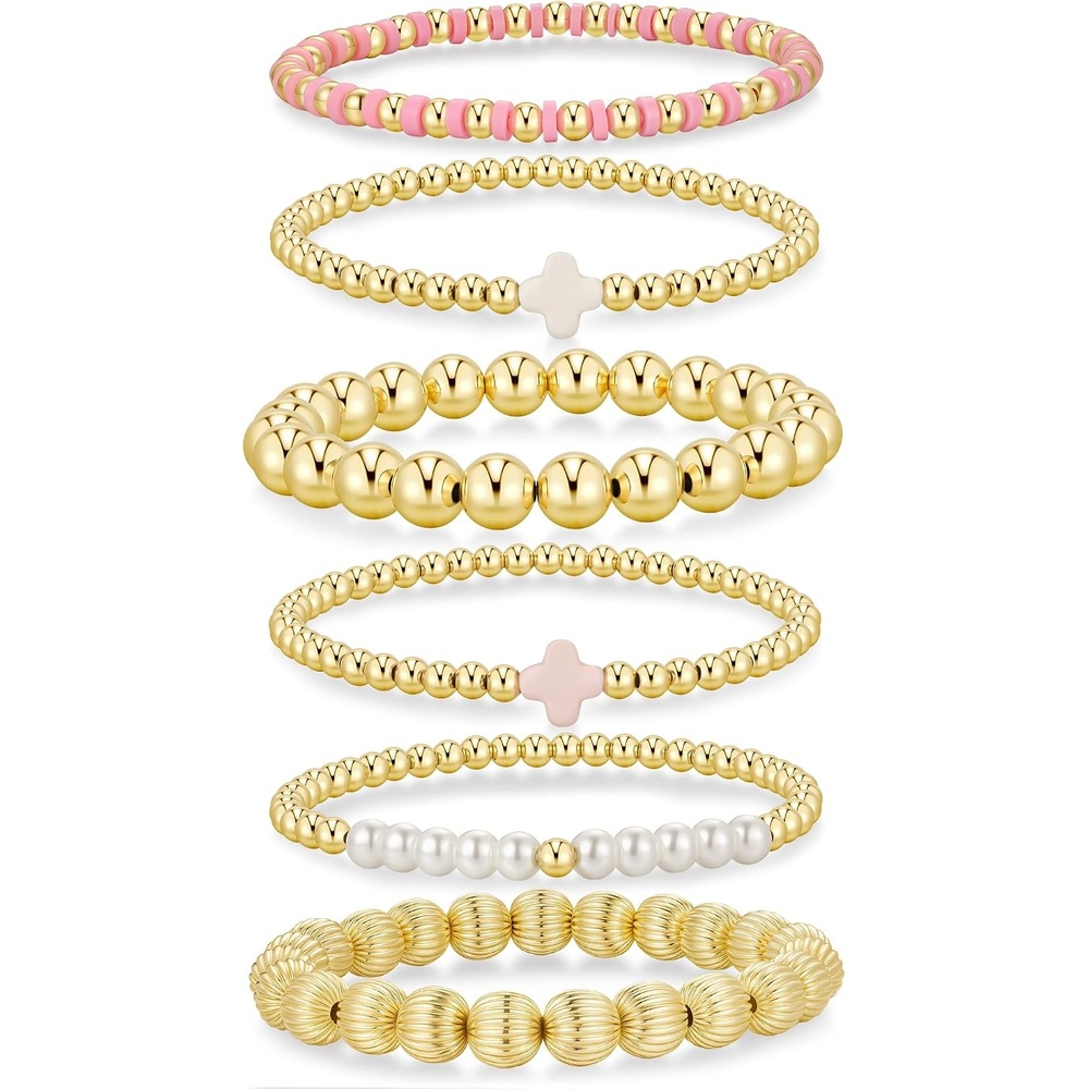 image:imageYoosteel Gold Beaded Bracelets for Women Teen Girls Gold Plated Jewelry Gold Stackable Stretch Bracelets Dainty Round Beaded Pearl Cross Bracelet Stack Women Teenage Girls Birthday Gifts JewelryBead 2346mm Pearl 5mm 6pcs