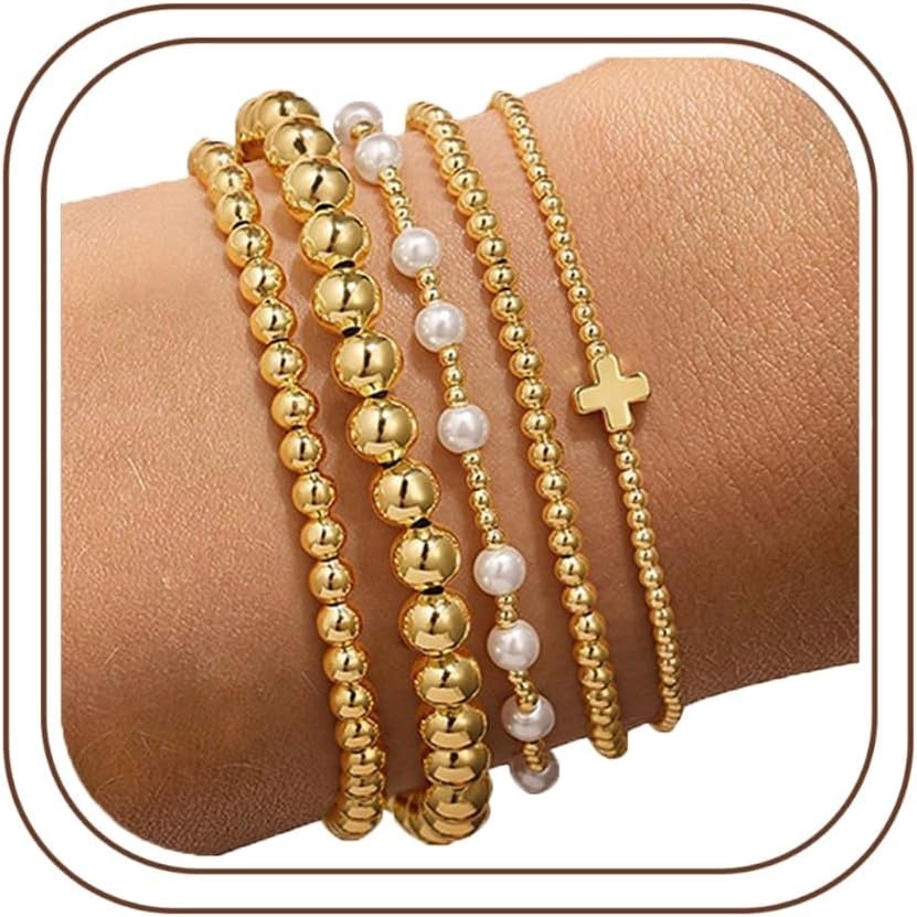 image:imageYoosteel Gold Beaded Bracelets for Women Teen Girls Gold Plated Jewelry Gold Stackable Stretch Bracelets Dainty Round Beaded Pearl Cross Bracelet Stack Women Teenage Girls Birthday Gifts Jewelry Bead Pearl Cross 5pcs