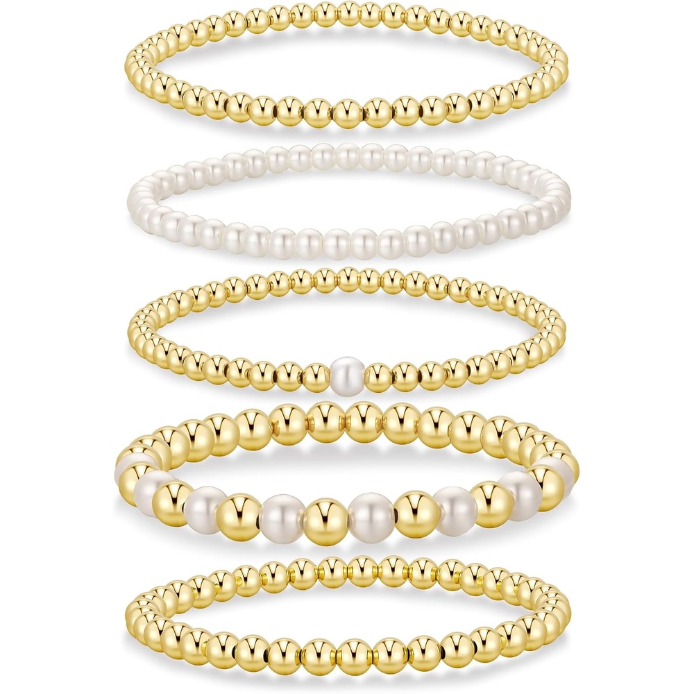 image:imageYoosteel Gold Beaded Bracelets for Women Teen Girls Gold Plated Jewelry Gold Stackable Stretch Bracelets Dainty Round Beaded Pearl Cross Bracelet Stack Women Teenage Girls Birthday Gifts JewelryBead 456mm Pearl 456mm 5pcs