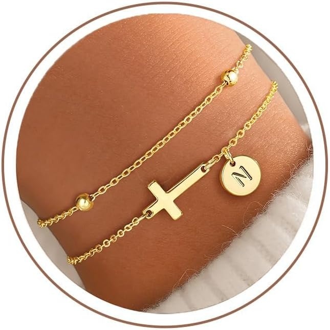 image:imageYoosteel Initial Cross Bracelet for Women Teen Girls Gifts AZ Bracelets 14K GoldPlated Cross Bracelet Layered Disc Letter Bracelet Baptism Christian Gifts for Women Teen Girls Kids JewelryN