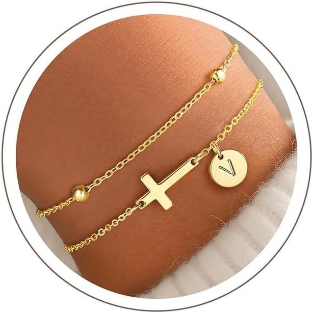 image:imageYoosteel Initial Cross Bracelet for Women Teen Girls Gifts AZ Bracelets 14K GoldPlated Cross Bracelet Layered Disc Letter Bracelet Baptism Christian Gifts for Women Teen Girls Kids JewelryV