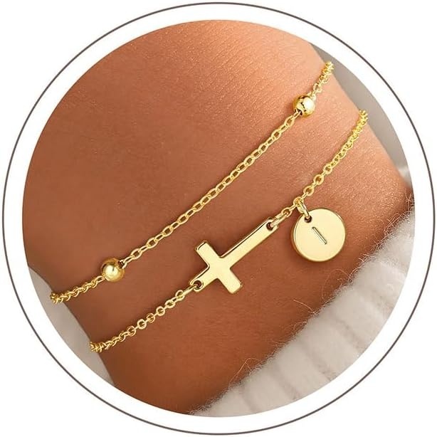 image:imageYoosteel Initial Cross Bracelet for Women Teen Girls Gifts AZ Bracelets 14K GoldPlated Cross Bracelet Layered Disc Letter Bracelet Baptism Christian Gifts for Women Teen Girls Kids JewelryI