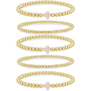 Yoosteel Gold Beaded Bracelets for Women Teen Girls, Gold Plated Jewelry | Gold Stackable Stretch Bracelets, Dainty Round Beaded Pearl Cross Bracelet Stack, Women Teenage Girls Birthday Gifts Jewelry(Bead (3/5mm)+ Cross – 5pcs)