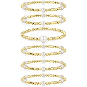 Yoosteel Gold Beaded Bracelets for Women Teen Girls, Gold Plated Jewelry | Gold Stackable Stretch Bracelets, Dainty Round Beaded Pearl Cross Bracelet Stack, Women Teenage Girls Birthday Gifts Jewelry(Bead (4mm) + Pearl (6/10mm) – 6pcs)
