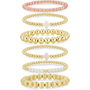 Yoosteel Gold Beaded Bracelets for Women Teen Girls, Gold Plated Jewelry | Gold Stackable Stretch Bracelets, Dainty Round Beaded Pearl Cross Bracelet Stack, Women Teenage Girls Birthday Gifts Jewelry(Bead (2/3/4/6mm)+ Pearl (5mm) – 6pcs)