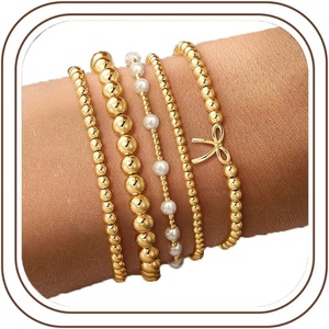 Yoosteel Gold Beaded Bracelets for Women Teen Girls, Gold Plated Jewelry | Gold Stackable Stretch Bracelets, Dainty Round Beaded Pearl Cross Bracelet Stack, Women Teenage Girls Birthday Gifts Jewelry(Bow beaded bracelets – 5pcs)