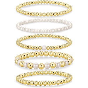 Yoosteel Gold Beaded Bracelets for Women Teen Girls, Gold Plated Jewelry | Gold Stackable Stretch Bracelets, Dainty Round Beaded Pearl Cross Bracelet Stack, Women Teenage Girls Birthday Gifts Jewelry(Bead (4/5/6mm) + Pearl (4/5/6mm) – 5pcs)