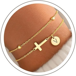 Yoosteel Initial Cross Bracelet for Women Teen Girls Gifts – A-Z Bracelets | 14K Gold-Plated Cross Bracelet, Layered Disc Letter Bracelet, Baptism Christian Gifts for Women Teen Girls Kids Jewelry(V)