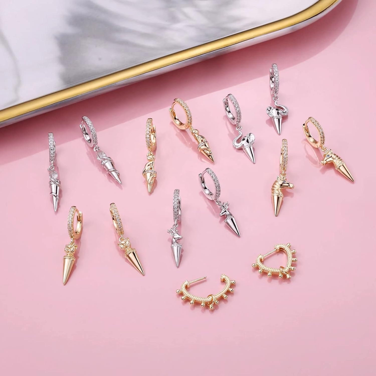 image:imageGold Cat Earrings for Women Girls S925 Sterling Sliver Post Dainty Spike Dangle Sleeper Hoop Earring Cute Hypoallergenic Cat Huggie Hoop Earrings for Women Little Girls Jewelry