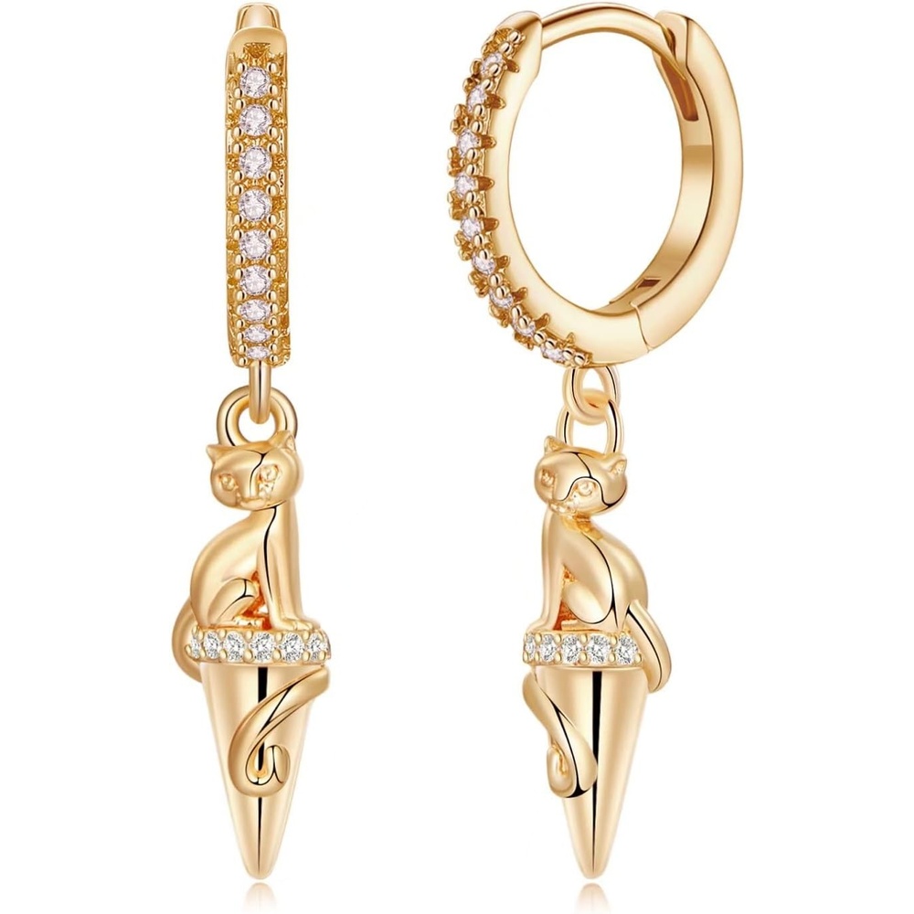 image:imageGold Cat Earrings for Women Girls S925 Sterling Sliver Post Dainty Spike Dangle Sleeper Hoop Earring Cute Hypoallergenic Cat Huggie Hoop Earrings for Women Little Girls Jewelry