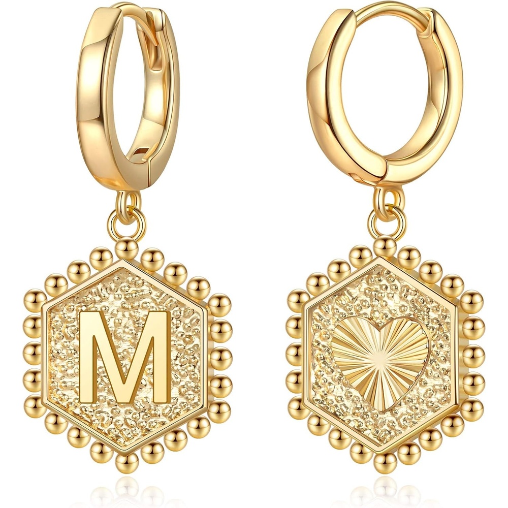 image:imageInitial Earrings for Girls Kids Hypoalllergenic S925 Sterling Silver Post Dangle Hoop Earrings Small Letter M Initial Earrings Hexagon Letter Earrings for Women GirlsM