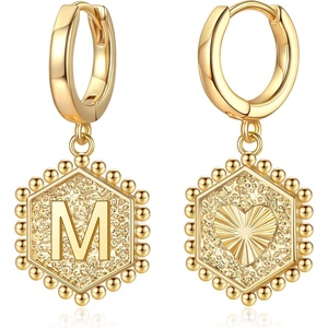 Initial Earrings for Girls Kids, Hypoalllergenic S925 Sterling Silver Post Dangle Hoop Earrings Small Letter M Initial Earrings Hexagon Letter Earrings for Women Girls(M)