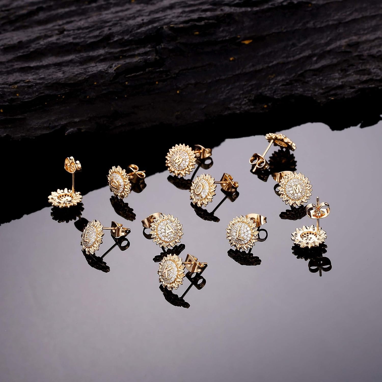 image:imageSunflower Stud Earrings for Women Girls S925 Sterling Silver Post Gold Plated Letter A Initial Cubic Zirconia Sunflower Stud Earrings Cute Hypoallergenic Earrings for Teen Girls