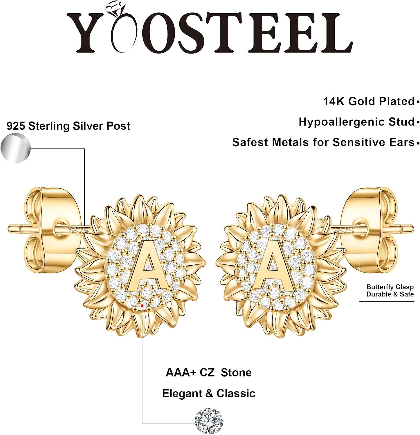 image:imageSunflower Stud Earrings for Women Girls S925 Sterling Silver Post Gold Plated Letter A Initial Cubic Zirconia Sunflower Stud Earrings Cute Hypoallergenic Earrings for Teen Girls