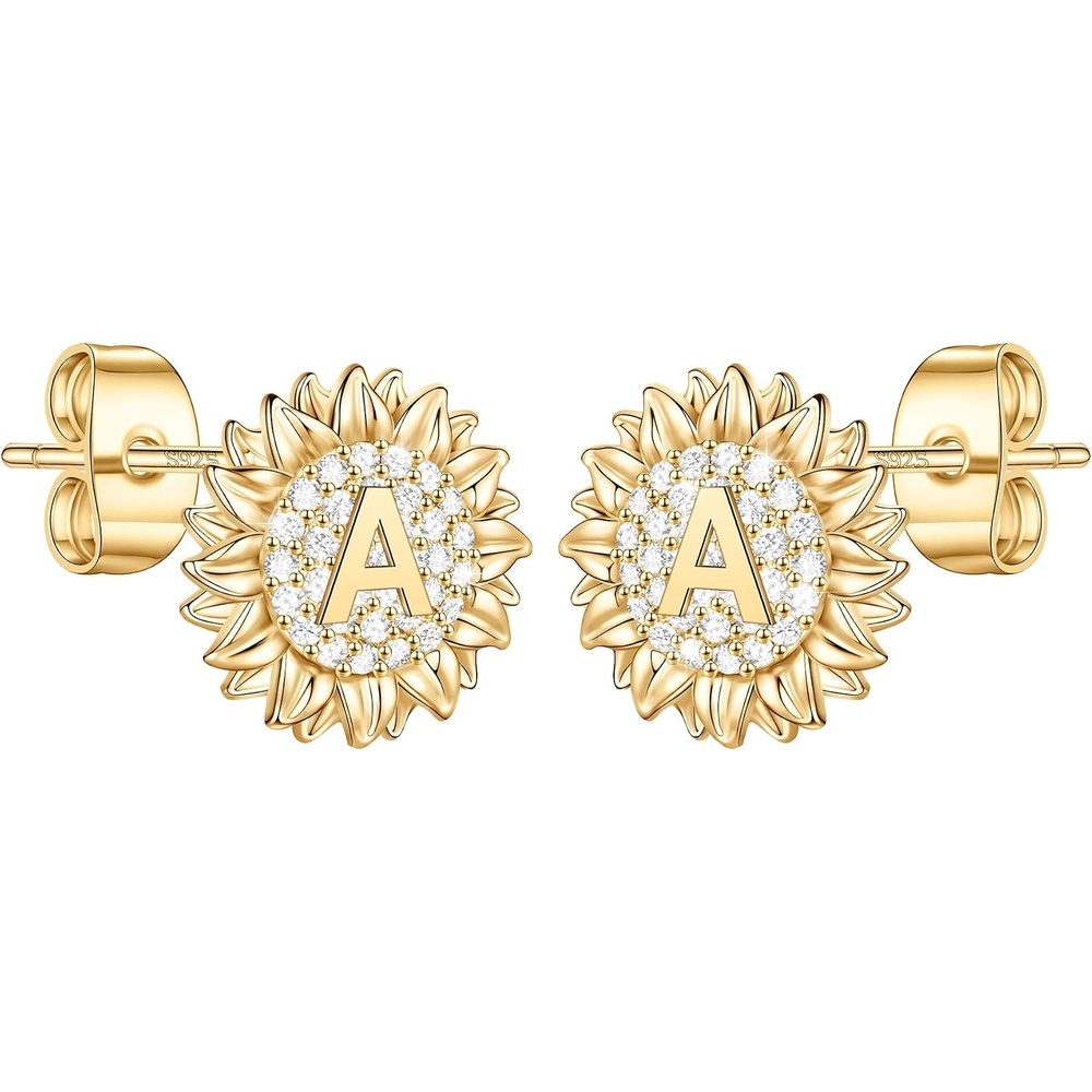 image:imageSunflower Stud Earrings for Women Girls S925 Sterling Silver Post Gold Plated Letter A Initial Cubic Zirconia Sunflower Stud Earrings Cute Hypoallergenic Earrings for Teen Girls