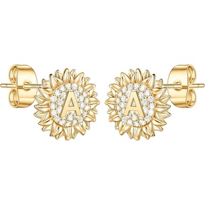 Sunflower Stud Earrings for Women Girls, S925 Sterling Silver Post Gold Plated Letter A Initial Cubic Zirconia Sunflower Stud Earrings Cute Hypoallergenic Earrings for Teen Girls